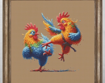 Funny Roosters Karate Cross Stitch Pattern PDF, Martial Arts Chickens Embroidery Chart