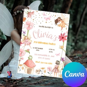 Editable Fairy Birthday Invitation Whimsical Enchanted Pixie Fairy Party Magical Floral Fairy Princess Party , Download Editable - CANVA-