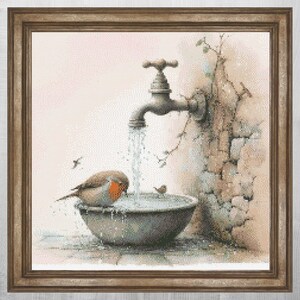May include: A framed artwork depicts a birdbath scene. A robin with an orange breast perches on the edge of a stone birdbath, with water flowing from a vintage faucet. The artwork has a soft, watercolor style with muted tones.