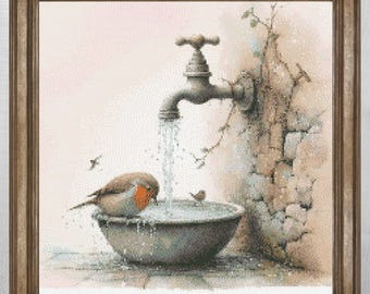Watercolor Robin Bird Cross Stitch Pattern, Garden Tap Embroidery Chart (PDF Download)