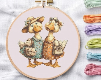Vintage Duck Duo Cross Stitch Pattern, Whimsical Farm Animal Embroidery Design