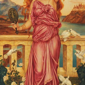 May include: A woman in a pink gown stands on a balcony, holding a mirror and looking at her reflection. She is surrounded by white doves and roses. The background features a distant cityscape and a body of water.
