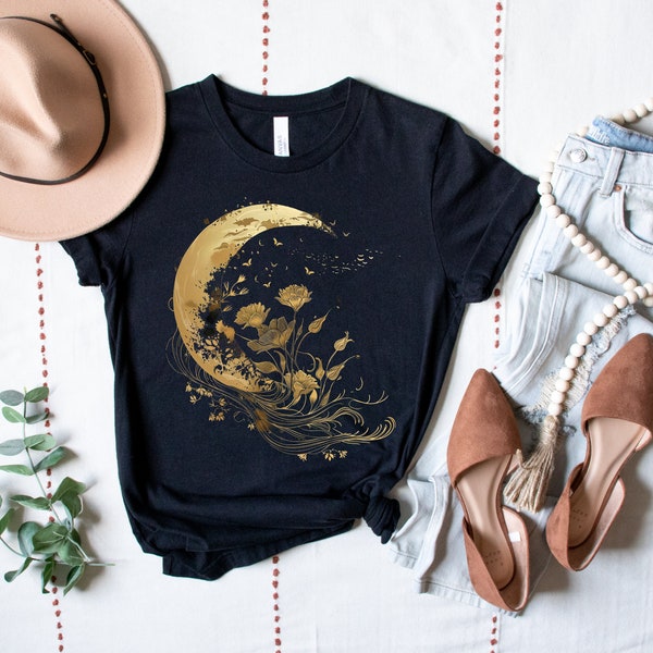 Gilded Moon & Floral Tee | Celestial Blossom Shirt | Elegant Lunar Garden Top | Golden Night Sky Tshirt