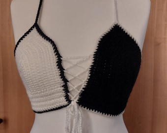 Ladies halter neck top black and white. Medium C Cup. Corset detail at front and back.