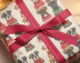 Boxer Wearing Ugly Christmas Sweater, Christmas Wrapping Paper-Festive Gift Wrap for Dog Lovers,Holiday Pet Wrapping Paper