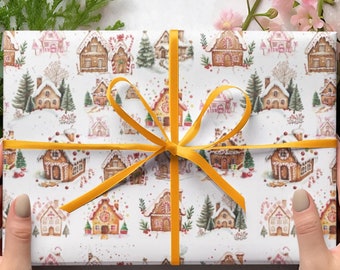 Watercolor Gingerbread House Wrapping Paper - Festive Christmas Gift Wrap with Snowy Trees and Holiday Decorations, Pink Girly Miniature.