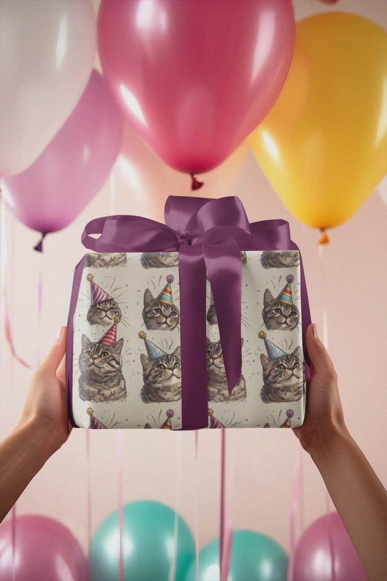 Cat Birthday Wrapping Paper, The Perfect Gift Wrap for Cat Lovers, Cute Funny Animal Wrapping Sheet image 2