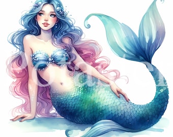 Watercolor Mermaid Clipart Set, Fashion Illustration (Digital Download)