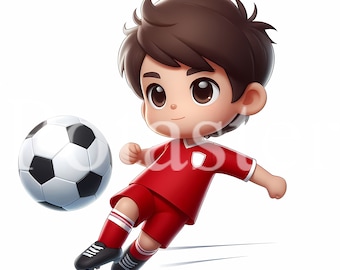少年サッカー選手のクリップアート：赤いユニフォーム、商用利用可（PNG）