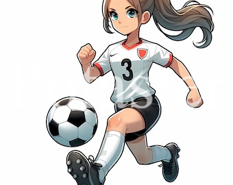 Klipart przedstawiający dziewczynę piłkarską, ilustracja sportowa (do użytku komercyjnego)