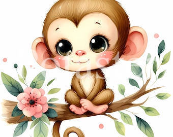 Watercolor Monkey Clipart Set, Baby Animal Art (Commercial Use, Instant Download)