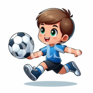 以下が含まれることがあります： 青いシャツと黒いショートパンツを着た少年がサッカーボールを蹴っている漫画のイラスト。彼は青と白のストライプの靴下と黒と白のスニーカーを履いています。