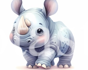 Cute Baby Rhino Watercolor Clipart Set (Commercial Use)