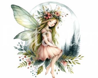 Forest Fairy Watercolor Clipart, Green Fairies, Fantasy Art (Digital Download)
