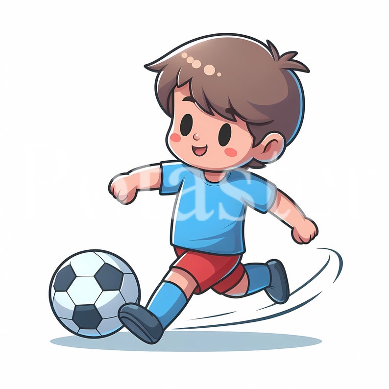 以下が含まれることがあります： 青いシャツと赤いショートパンツを着た男の子がサッカーボールを蹴っている、漫画のイラストです。
