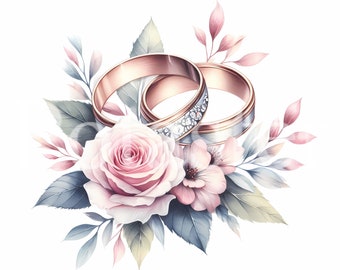 Wedding Ring Clipart: Gold & Diamond Rings, Watercolor Style (PNG, Commercial Use)