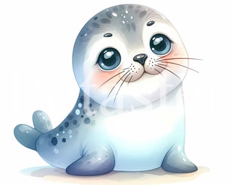 Baby Seal Watercolor Clipart, Nursery Art (Commercial Use, Instant Download)