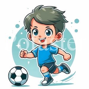 以下が含まれることがあります： 青いサッカーのユニフォームと短パンを着た若い男の子が、白黒のサッカーボールを蹴っている漫画のイラスト。彼は決意に満ちた表情で走っている。