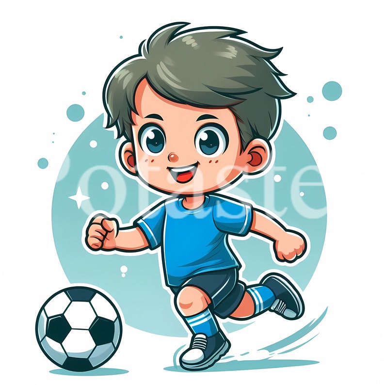 以下が含まれることがあります： 青いサッカーのユニフォームと短パンを着た若い男の子が、白黒のサッカーボールを蹴っている漫画のイラスト。彼は決意に満ちた表情で走っている。