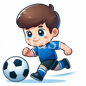 以下が含まれることがあります： 青いサッカーのユニフォームと黒いショートパンツを着た少年が、白黒のサッカーボールをドリブルしている様子を描いた漫画のイラスト。少年は真剣な表情をしている。