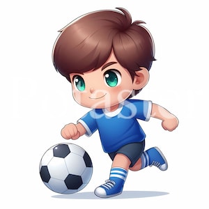 以下が含まれることがあります： 青いサッカーのユニフォームと短パンを着た少年が、白黒のサッカーボールを蹴っている漫画のイラスト。彼は茶色の髪と緑色の目をしています。