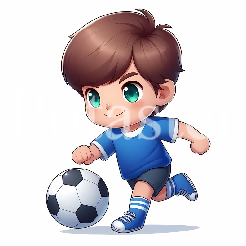 以下が含まれることがあります： 青いサッカーのユニフォームと短パンを着た少年が、白黒のサッカーボールを蹴っている漫画のイラスト。彼は茶色の髪と緑色の目をしています。