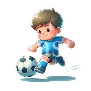 以下が含まれることがあります： 青いジャージを着た少年がサッカーボールを蹴っている漫画のイラスト。彼は青と黒の靴下と黒い靴を履いています。少年は茶色の髪をしていて笑顔です。