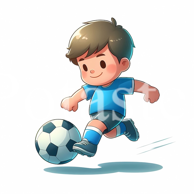 以下が含まれることがあります： 青いジャージを着た少年がサッカーボールを蹴っている漫画のイラスト。彼は青と黒の靴下と黒い靴を履いています。少年は茶色の髪をしていて笑顔です。
