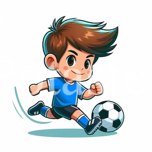 以下が含まれることがあります： 青いジャージと黒いショートパンツを着た少年がサッカーボールを蹴っている漫画のイラスト。彼は茶色の髪をしていて、決意に満ちた表情で走っています。