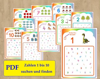 Numbers 1-10 search, find and learn, kindergarten worksheets PDF, + FREE black and white file, printable template, preschool, kindergarten, primary school