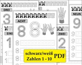 Schwarz-Weiß Vorlagen zum Zahlen lernen PDF, Schreibübungen mit Panda Bären, Arbeitsblätter druckbare Vorlage Kita, Vorschule, Grundschule