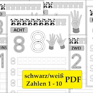 Könnte beinhalten: Schwarzweißes Arbeitsblatt zum Erlernen der Zahlen 1 bis 10. Das Arbeitsblatt zeigt Pandabären, Zahlen zum Nachzeichnen und Zählübungen. Der Text auf dem Arbeitsblatt lautet "schwarz/weiß PDF Zahlen 1-10".