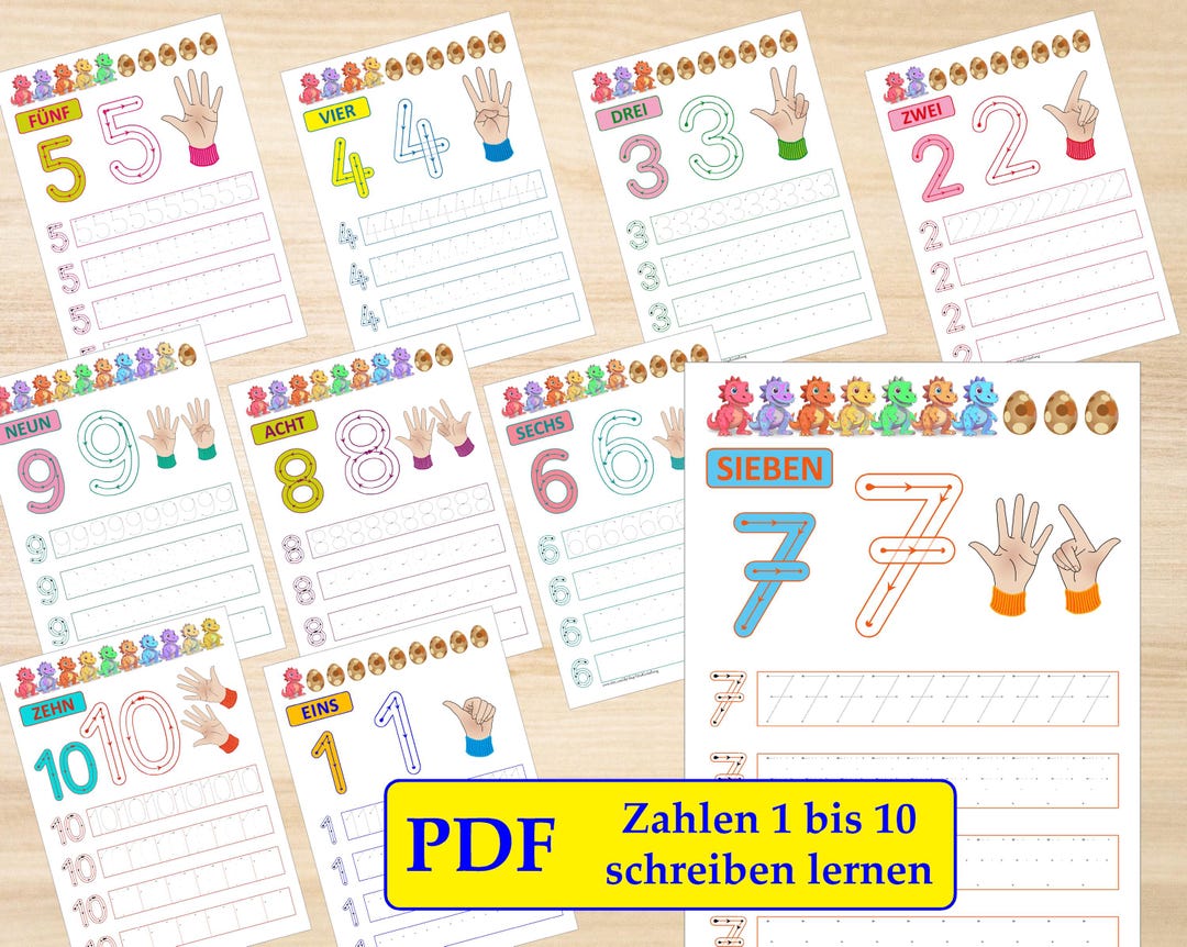 Learn to Write Numbers 1-10, Kindergarten Worksheets With Dinosaurs as ...