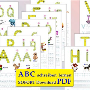 Può includere: Un set di fogli di lavoro stampabili per imparare l'alfabeto in tedesco. Ogni lettera è mostrata in giallo con frecce che indicano l'ordine dei tratti. I fogli di lavoro includono linee di pratica per tracciare le lettere e immagini di oggetti che iniziano con ogni lettera.