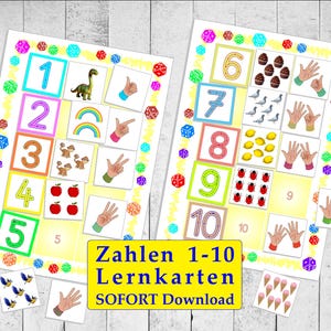 Learn numbers 1-10 flashcards, number game, daycare worksheets PDF, instantly printable template, preschool, kindergarten, school and at home