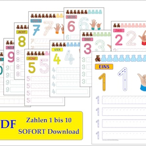 Leren schrijven van de cijfers 1-10, kleuterwerkbladen PDF, + GRATIS zwart-witte beren, sjabloon downloaden, kleuterschool, basisschool, schrijfoefening
