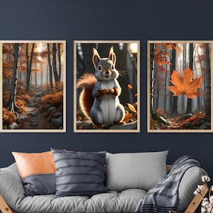 Conjunto de 3 carteles de otoño - Bosque, ardilla, hoja en 3D - Decoración de pared de temporada - Arte imprimible