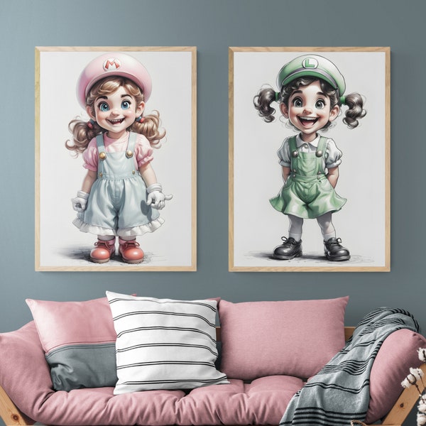 Ensemble de 2 Affiches Mario et Luigi Filles - Décoration Murale pour Chambre d'Enfant - Art Imprimable