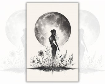 Goddess of Nature Female Form Minimalistic Black and White Printable Wall Art