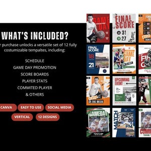 May include: A black graphic with the text "WHAT'S INCLUDED?" and a list of features, including "SCHEDULE" and "GAME DAY PROMOTION." The image also displays 12 customizable templates with sports themes, including "FINAL SCORE" and "GAME DAY."