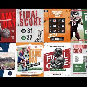 May include: A series of sports posters with striking designs. The posters advertise basketball, football, and soccer games, displaying game day details, final scores, and match schedules. The colour scheme includes red, orange, green, and blue.