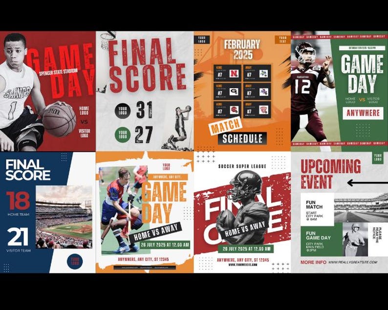 May include: A series of sports posters with striking designs. The posters advertise basketball, football, and soccer games, displaying game day details, final scores, and match schedules. The colour scheme includes red, orange, green, and blue.