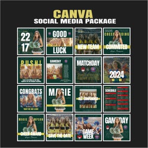 May include: A set of 12 social media graphics featuring cheerleaders, game day announcements, and team spirit. The graphics are in a green and gold color scheme with white text. The graphics include text such as "Good Luck", "New Team", "Committed", "Game Day", "Save the Date", and "Game Week".