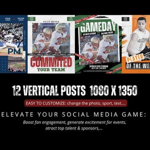 May include: A set of 12 vertical social media post templates with a sports theme. The designs include baseball, football, and basketball imagery, with text overlays such as "Match Day" and "Player of the Week". The dimensions are 1080 x 1350 pixels.