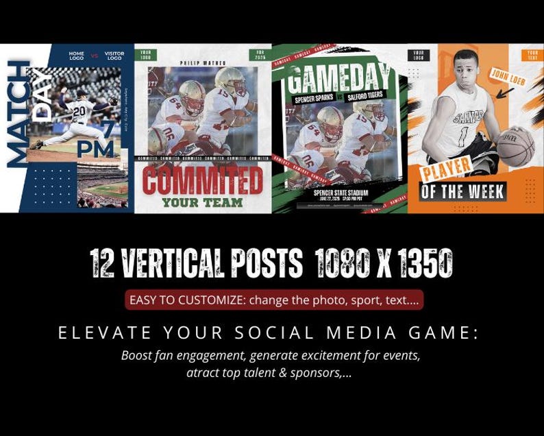 May include: A set of 12 vertical social media post templates with a sports theme. The designs include baseball, football, and basketball imagery, with text overlays such as "Match Day" and "Player of the Week". The dimensions are 1080 x 1350 pixels.