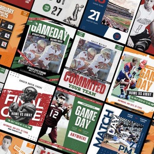 May include: A selection of sports posters with diverse designs. The posters showcase football, basketball, and baseball players. Text includes "Gameday", "Final Game", and a match schedule. Colours include red, green, blue, and orange.