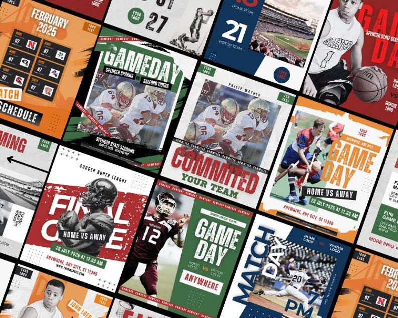 May include: A selection of sports posters with diverse designs. The posters showcase football, basketball, and baseball players. Text includes "Gameday", "Final Game", and a match schedule. Colours include red, green, blue, and orange.