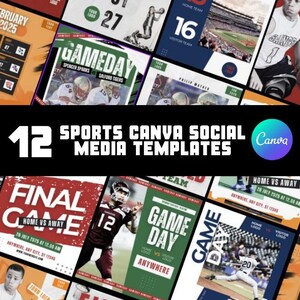 May include: A selection of 12 sports-themed Canva social media templates. The templates showcase diverse sports graphics, including football, basketball, and baseball. The designs incorporate team logos, game day details, and player action shots, with a colour scheme of red, green, blue, and orange.