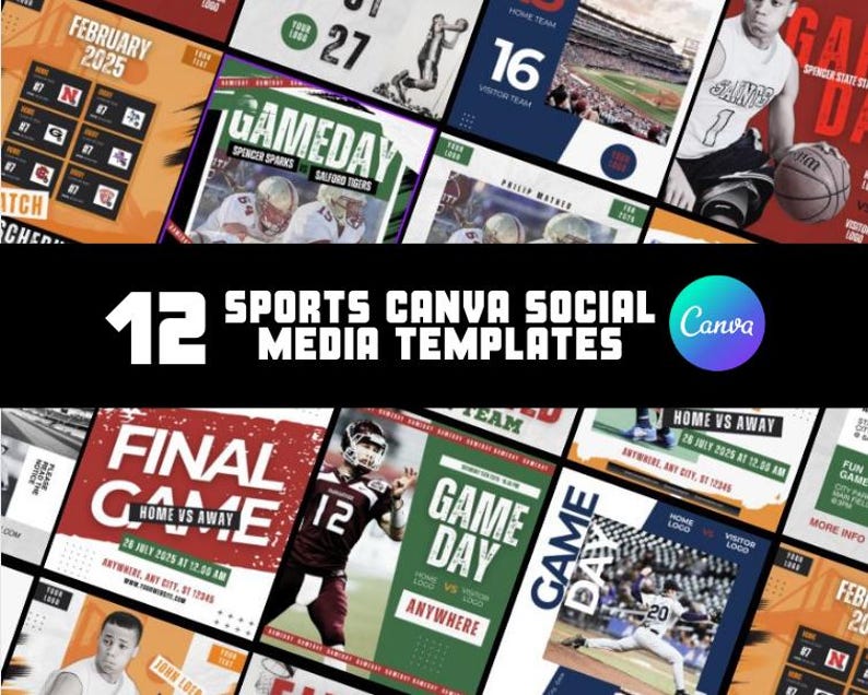 May include: A selection of 12 sports-themed Canva social media templates. The templates showcase diverse sports graphics, including football, basketball, and baseball. The designs incorporate team logos, game day details, and player action shots, with a colour scheme of red, green, blue, and orange.