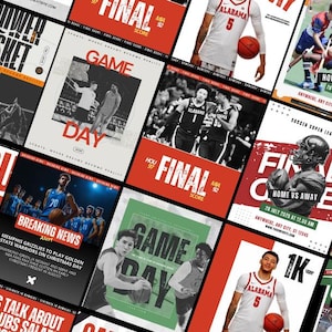Puede incluir: Un collage de imágenes que presentan varios gráficos de día de juego deportivo. Las imágenes incluyen juegos de baloncesto, fútbol y fútbol americano. Los gráficos presentan logotipos de equipos, puntuaciones e información del día del juego. Las imágenes son de varios colores y estilos.